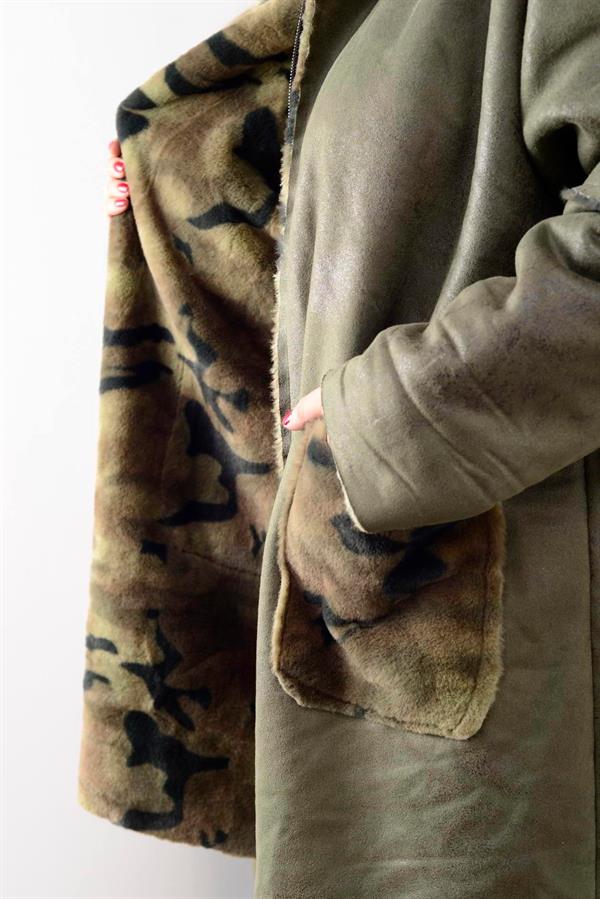 10726-3 Kamuflaj Desen Fermuarlı Uzun Süet Kaban