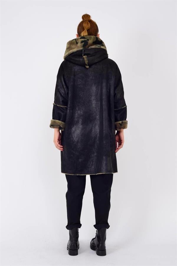 10726-3 Kamuflaj Desen Fermuarlı Uzun Süet Kaban