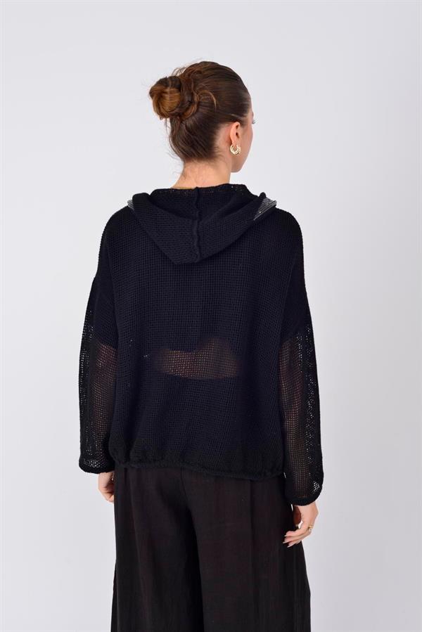 14316 Düz Desen Pullu Kapüşonlu Fileli Keten Ceket