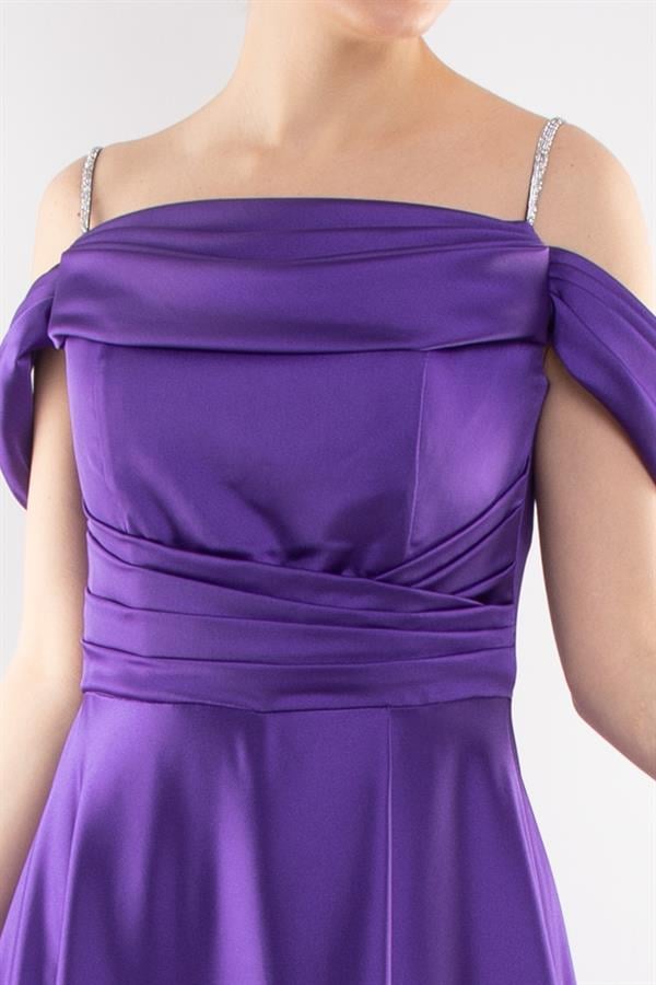 1440 Şalyaka Beli Drape İpAskı Uzun Saten Elbise