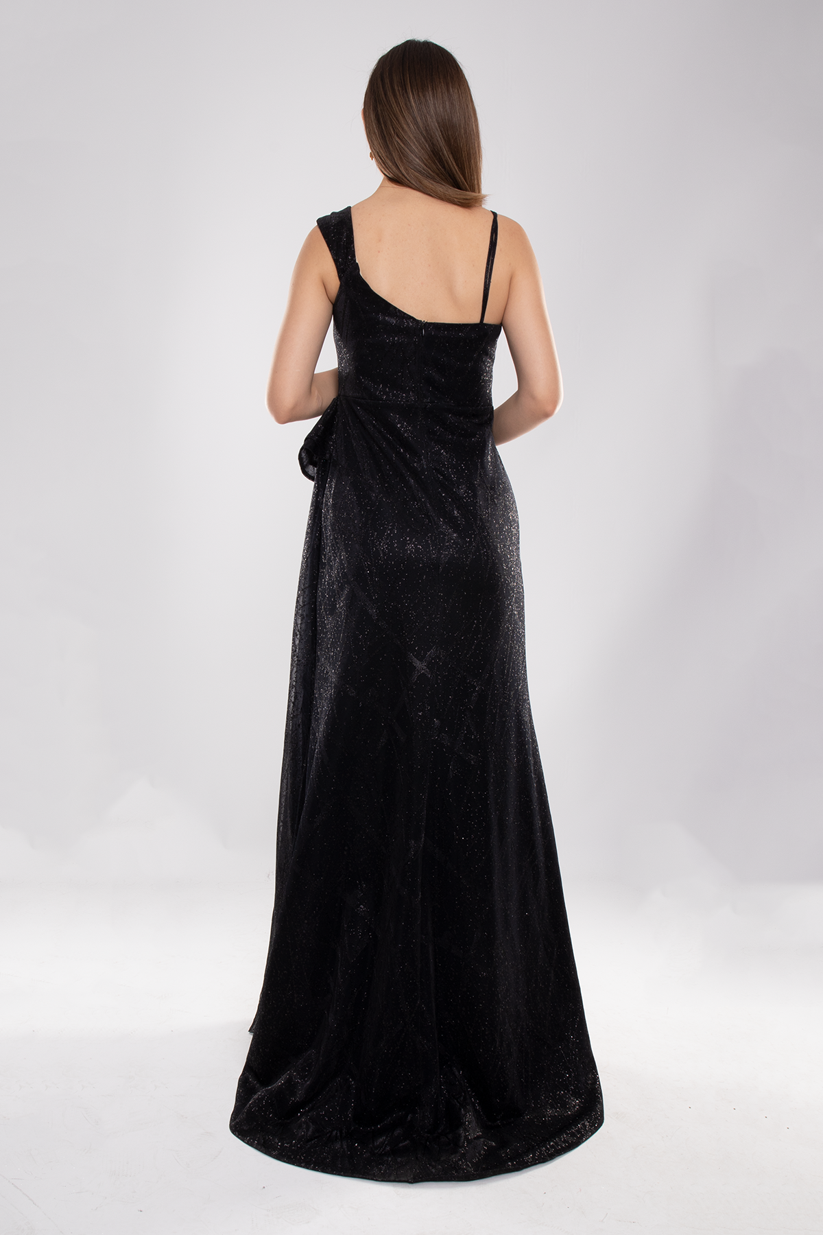 1563 Beli Drape Valonlu Simli Tül Yırtmaçlı Uzun Elbise