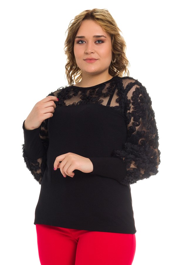 201025 BB Kolları Tül Fırfır Aksesuarlı Bluz