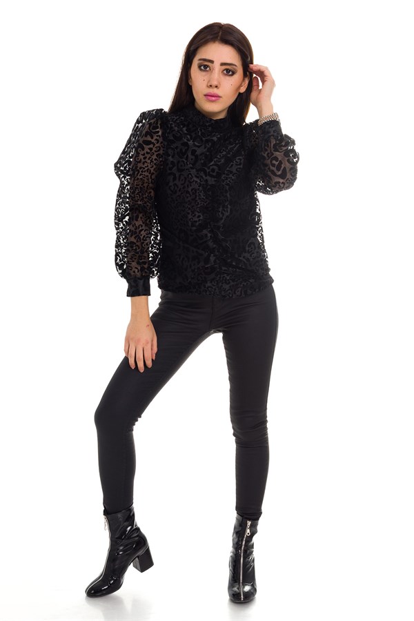 2020-169 LEOPAR KADİFE BASKI ORGANZE BLUZ