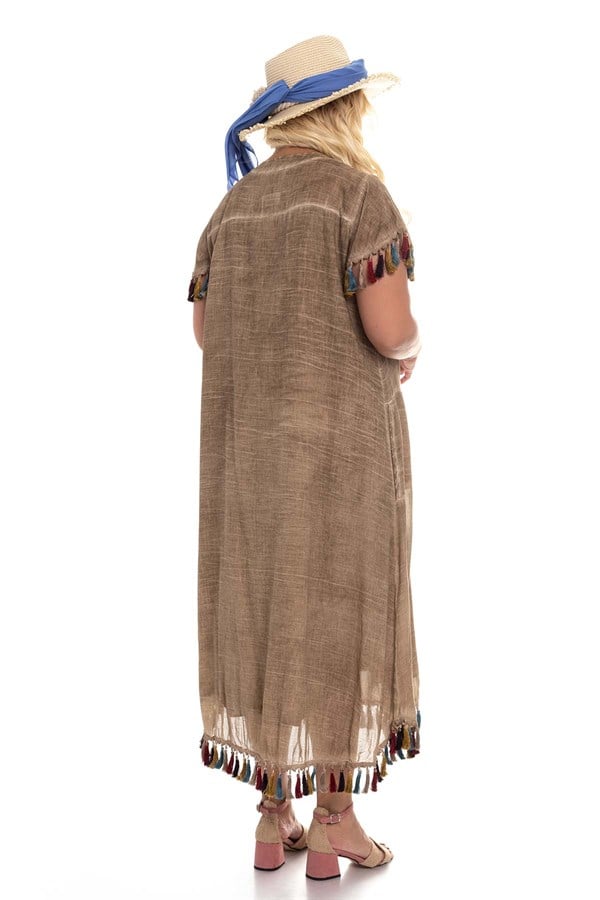 2053 Kol Ve EtekUcu Püskül Viscon Batik Elbise