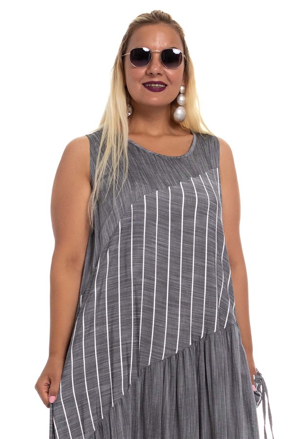 2055 BB Kolsuz Asimetrik Çizgi Cepli Pamuk Viscon Elbise