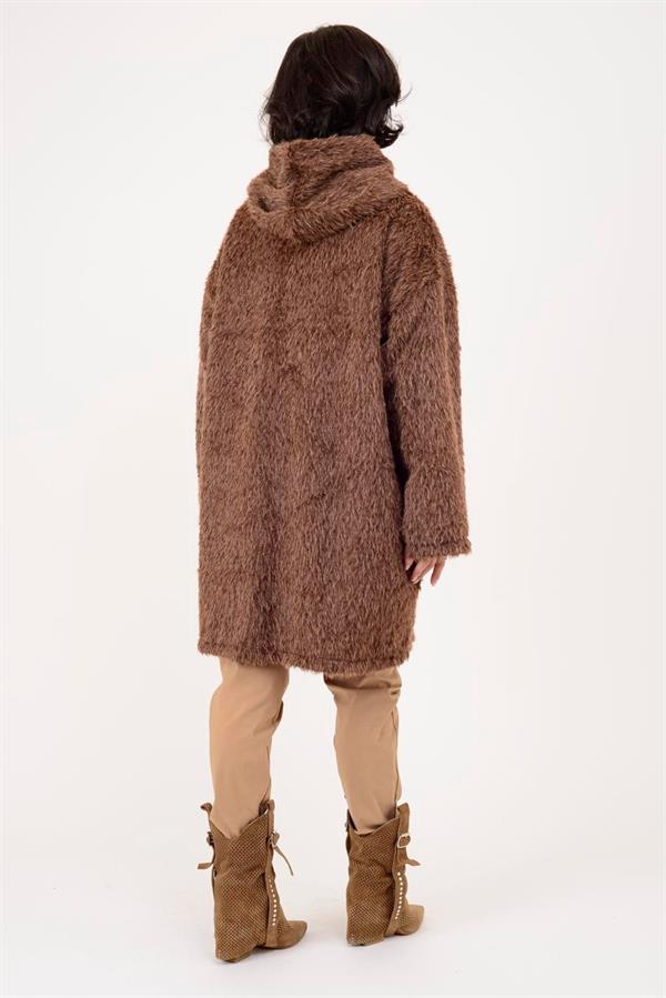 21052 Düz Desen Kapüşonlu Fermuarlı Keçe Kaban