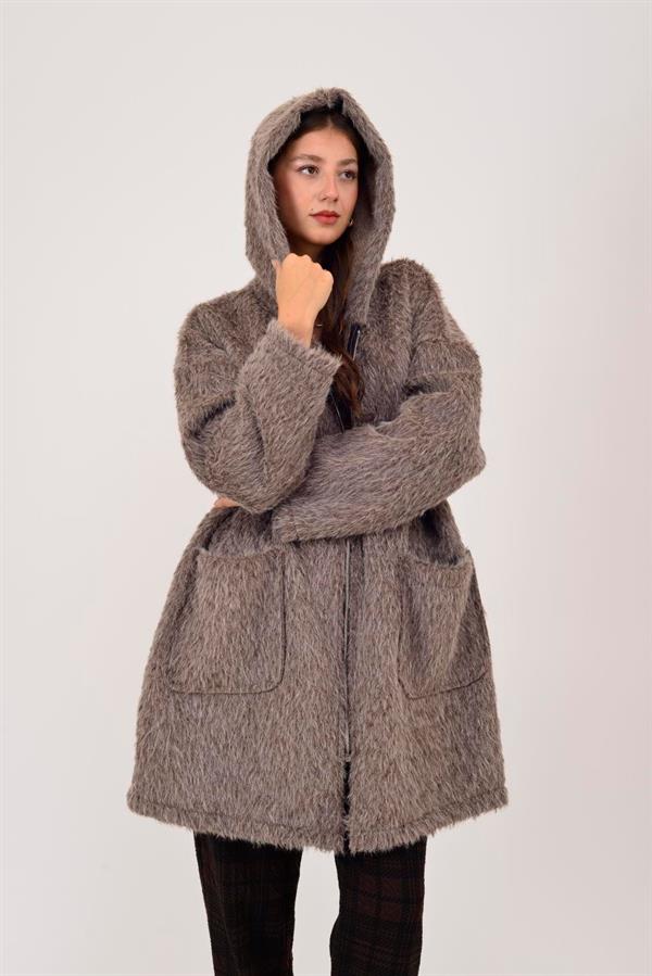 21052 Düz Desen Kapüşonlu Fermuarlı Keçe Kaban