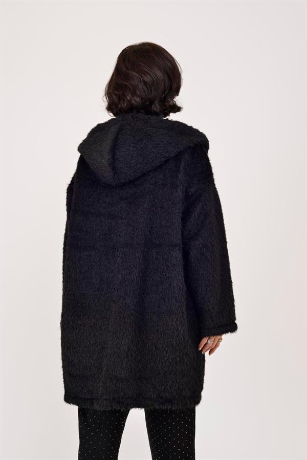 21052 Düz Desen Kapüşonlu Fermuarlı Keçe Kaban