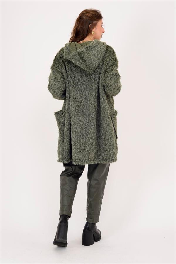 21052 Düz Desen Kapüşonlu Fermuarlı Keçe Kaban