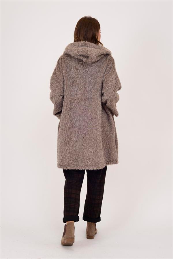 21052 Düz Desen Kapüşonlu Fermuarlı Keçe Kaban