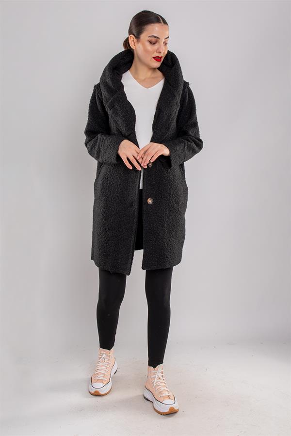 21224 4 Düğmeli Kapüşonlu Keçe Kaban