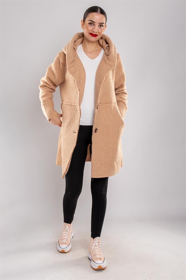 21224 4 Düğmeli Kapüşonlu Keçe Kaban