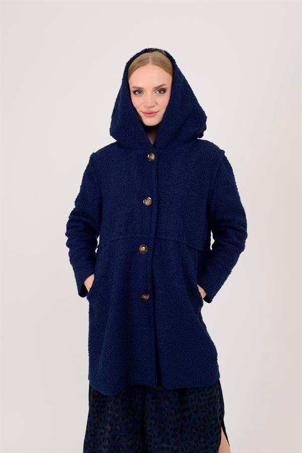 21224 4 Düğmeli Kapüşonlu Keçe Kaban