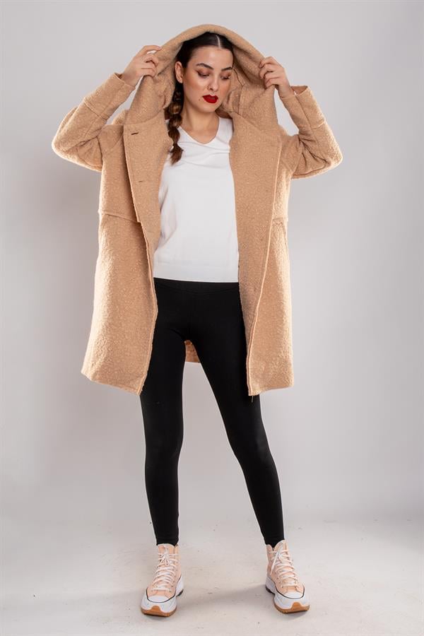 21224 4 Düğmeli Kapüşonlu Keçe Kaban