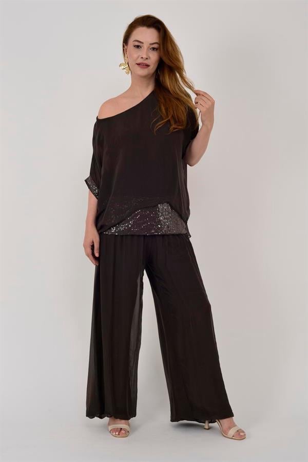 2161 Pulpayet Detay Bluz Pantolon İpek Takım