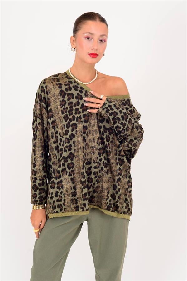 21812 Leopar Desen Vyaka Simli Bluz