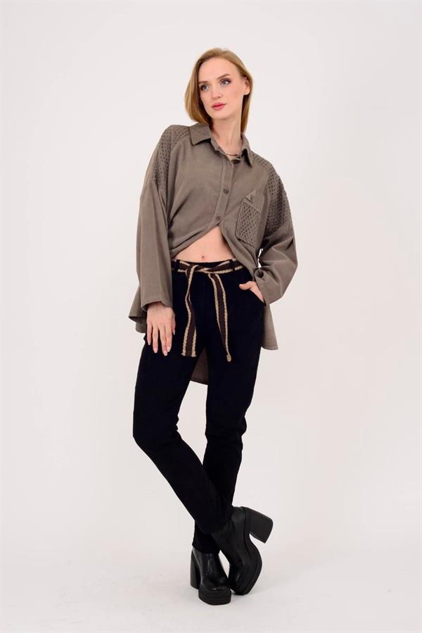 22036 Hasır Kemerli Kadife Pantolon