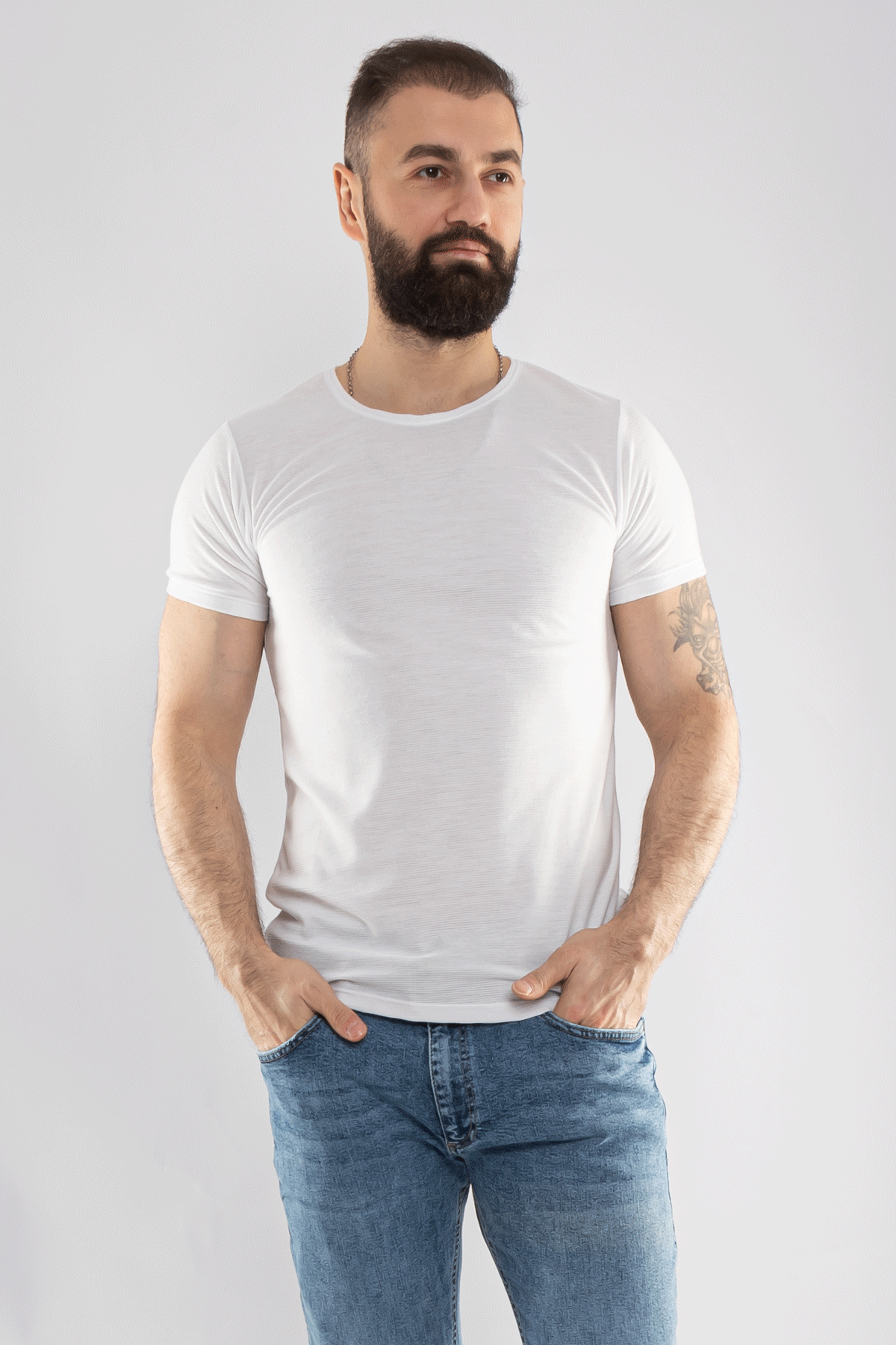 2266 Bisiklet Yaka Basic Petek Desen Viscon Tshirt