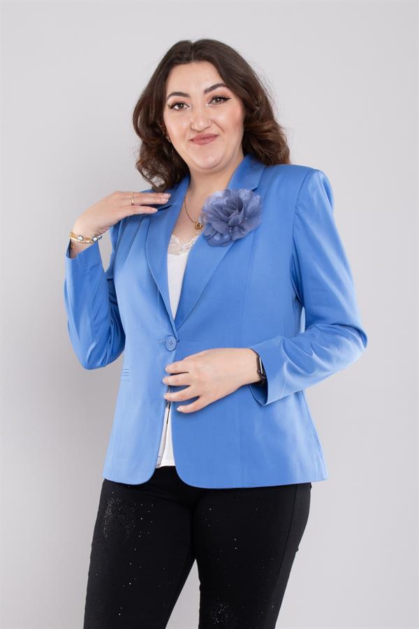 227 Büyük Beden Tek Düğme Çiçek Broşlu Astarsız Viscon Bluz