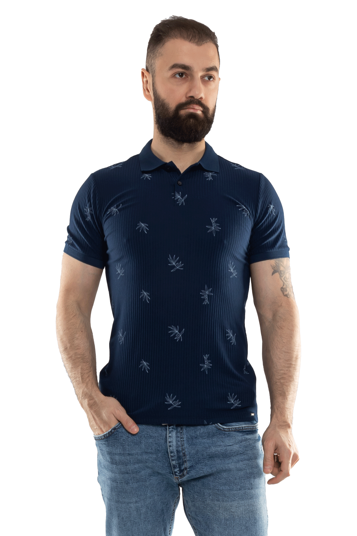 2464Y Polo Yaka Kendinden Desenli Çizgili Dal Desen Tshirt