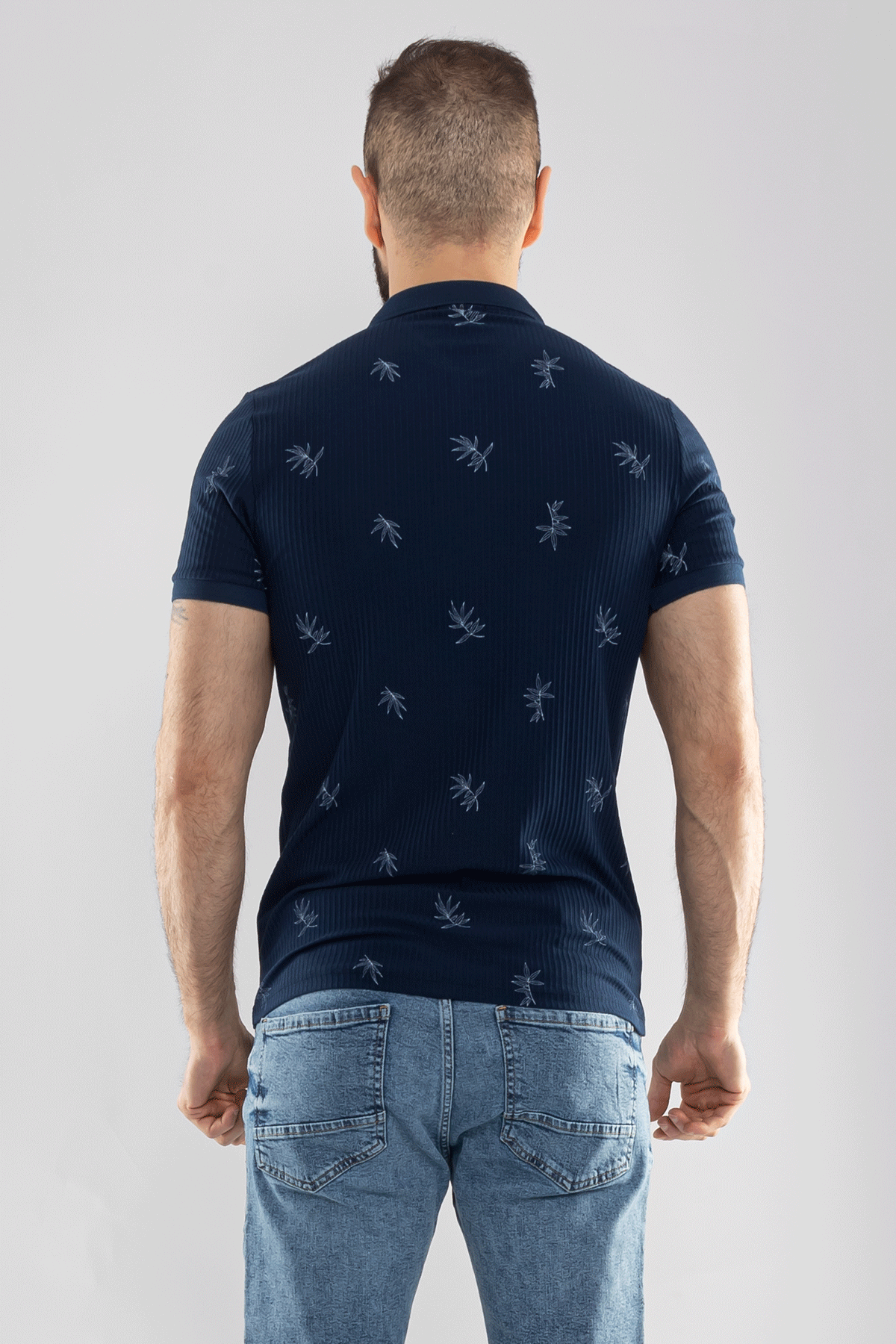 2464Y Polo Yaka Kendinden Desenli Çizgili Dal Desen Tshirt