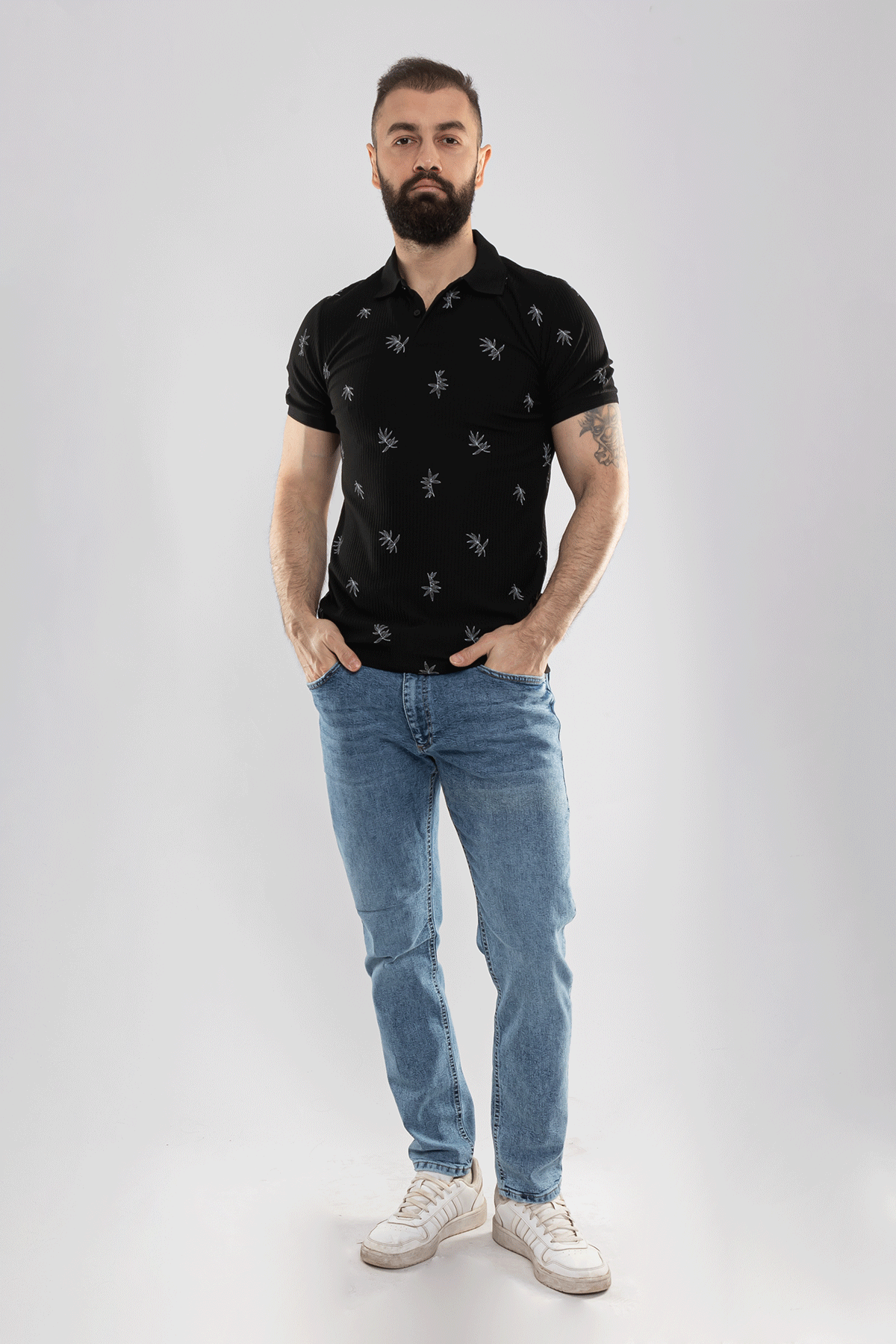 2464Y Polo Yaka Kendinden Desenli Çizgili Dal Desen Tshirt