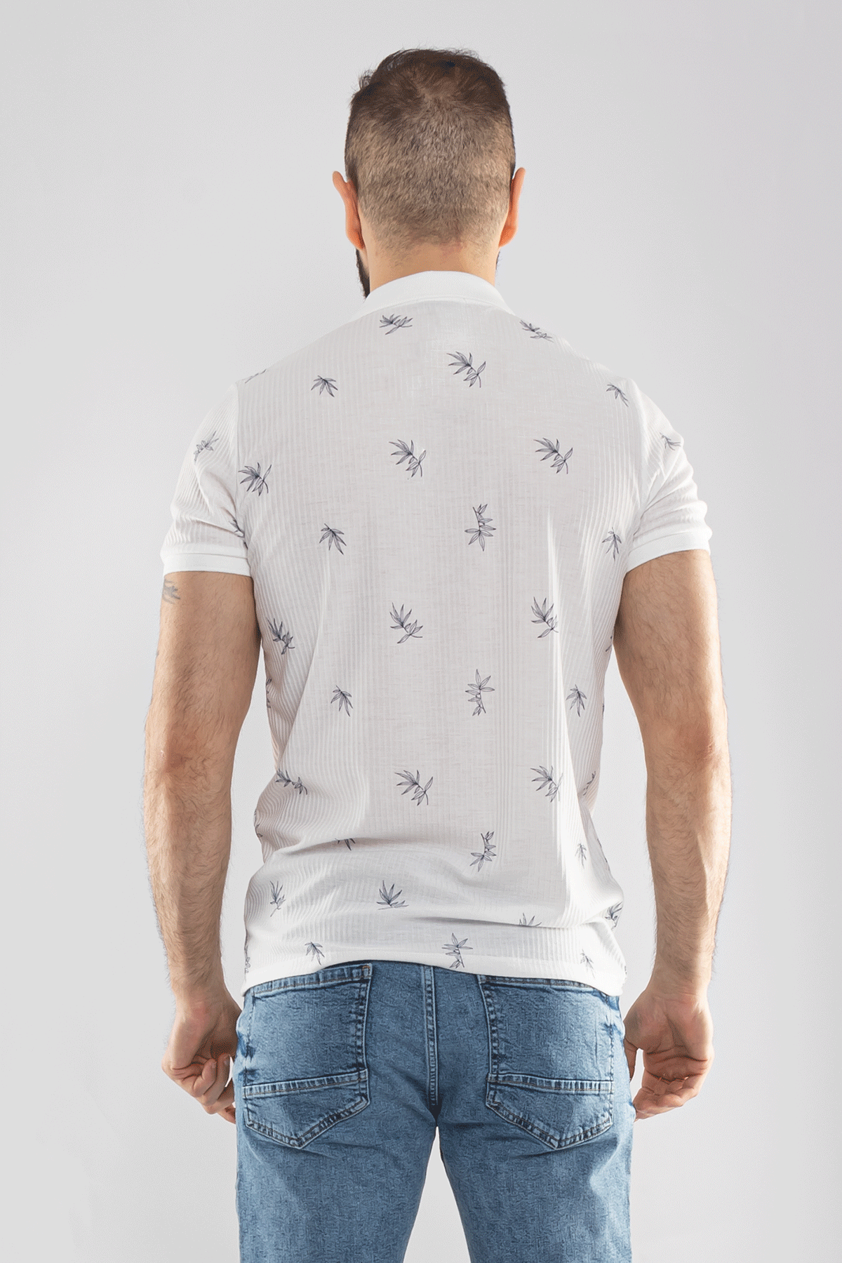 2464Y Polo Yaka Kendinden Desenli Çizgili Dal Desen Tshirt