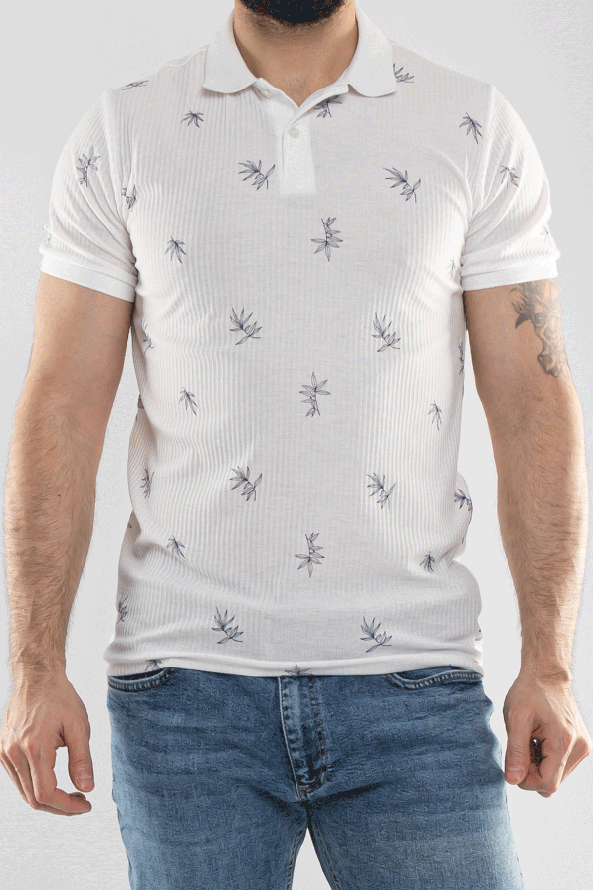 2464Y Polo Yaka Kendinden Desenli Çizgili Dal Desen Tshirt