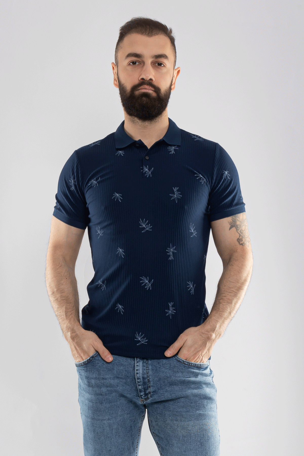 2464Y Polo Yaka Kendinden Desenli Çizgili Dal Desen Tshirt