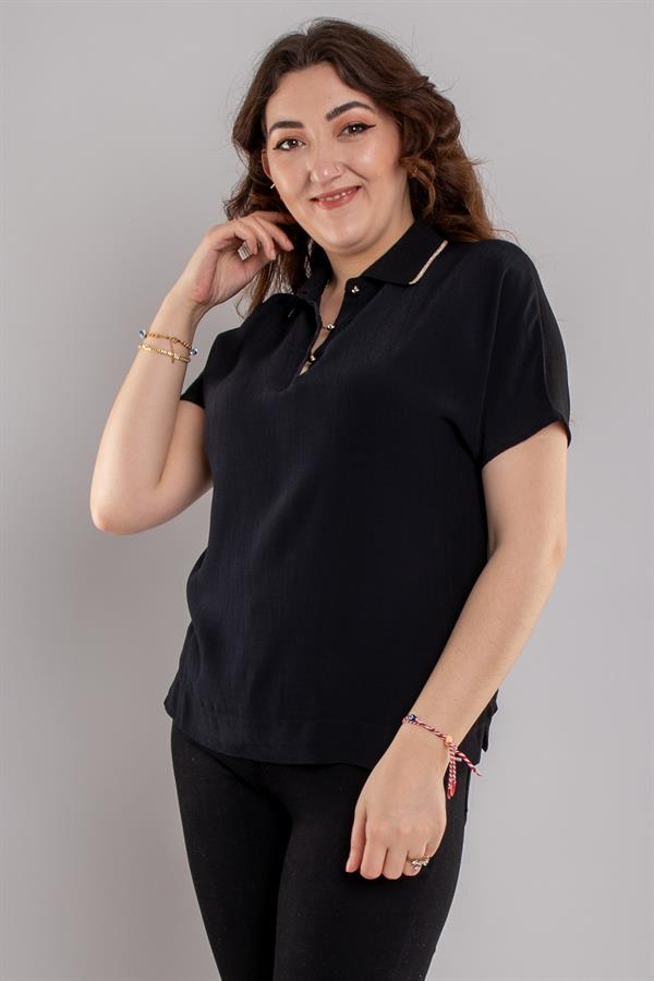 24E082 Polo Yaka Düğmeli Kısa Kol Viscon Bluz