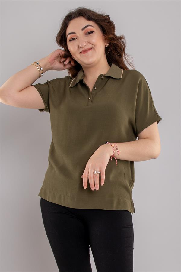 24E082 Polo Yaka Düğmeli Kısa Kol Viscon Bluz