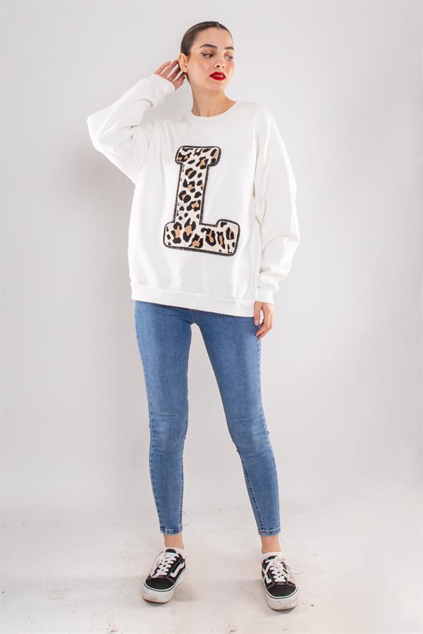 24K17777 Leopar L Baskı Fermuarlı Baskı Nakış Detay İçi Şardonlu Sweat