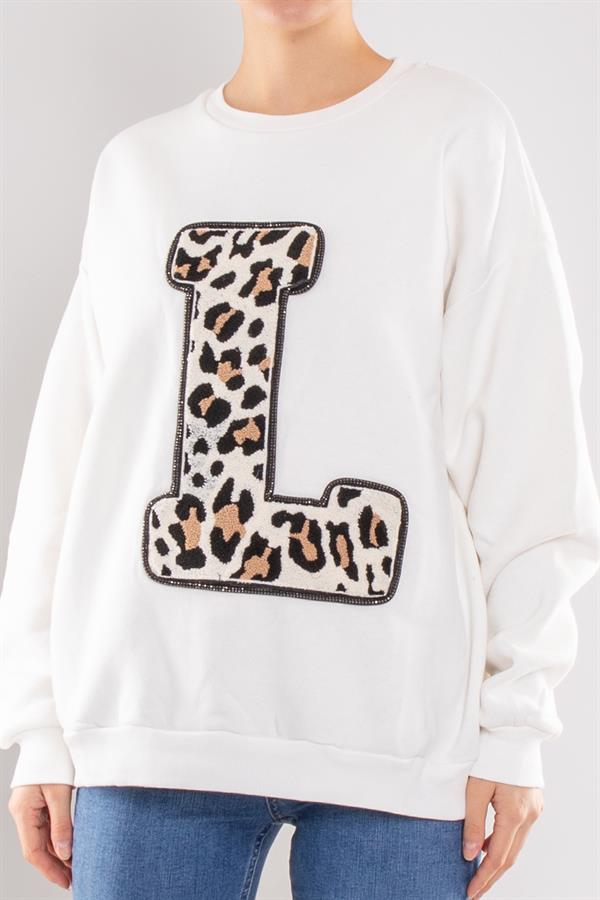 24K17777 Leopar L Baskı Fermuarlı Baskı Nakış Detay İçi Şardonlu Sweat