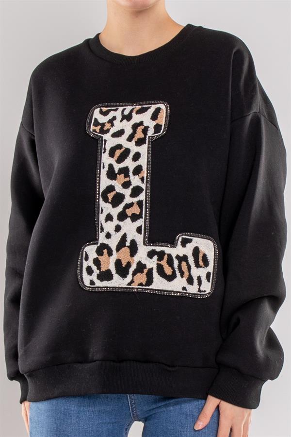 24K17777 Leopar L Baskı Fermuarlı Baskı Nakış Detay İçi Şardonlu Sweat