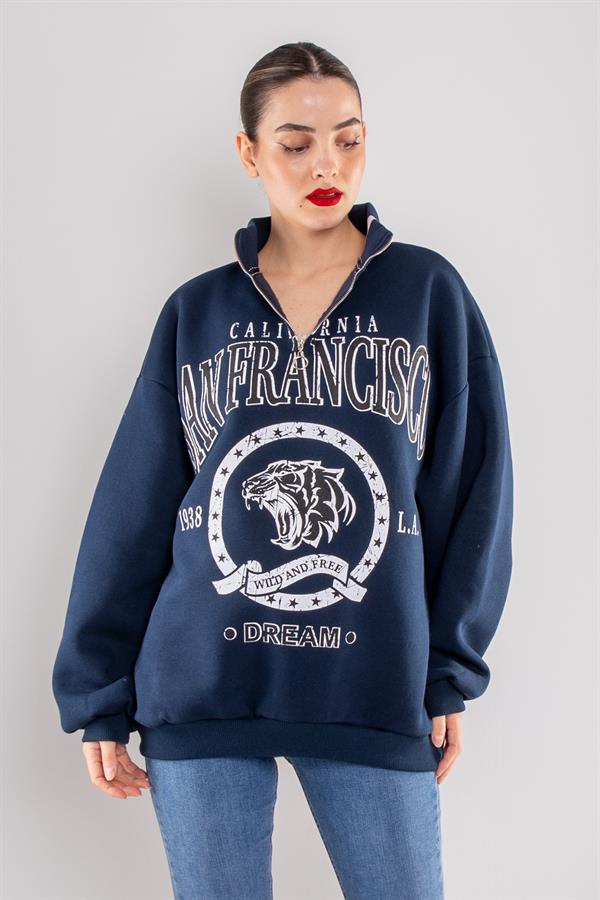 24K17796 Dik Yaka Fermuarlı Desenli İçi Şardonlu Sweat