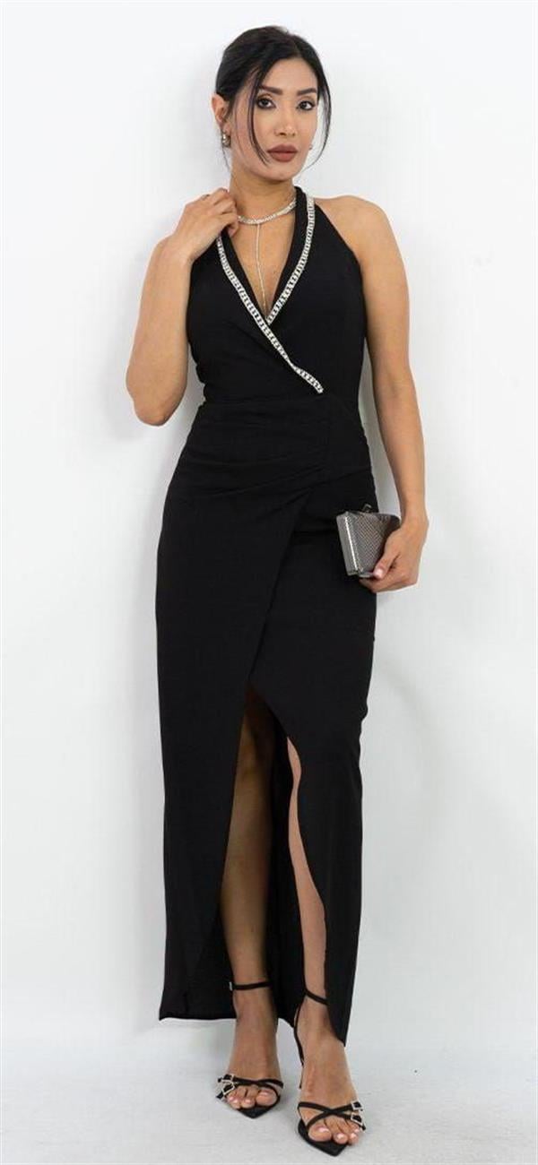 25225 Taşlı Ceket Yaka Yandan Drape Uzun Krep Elbise