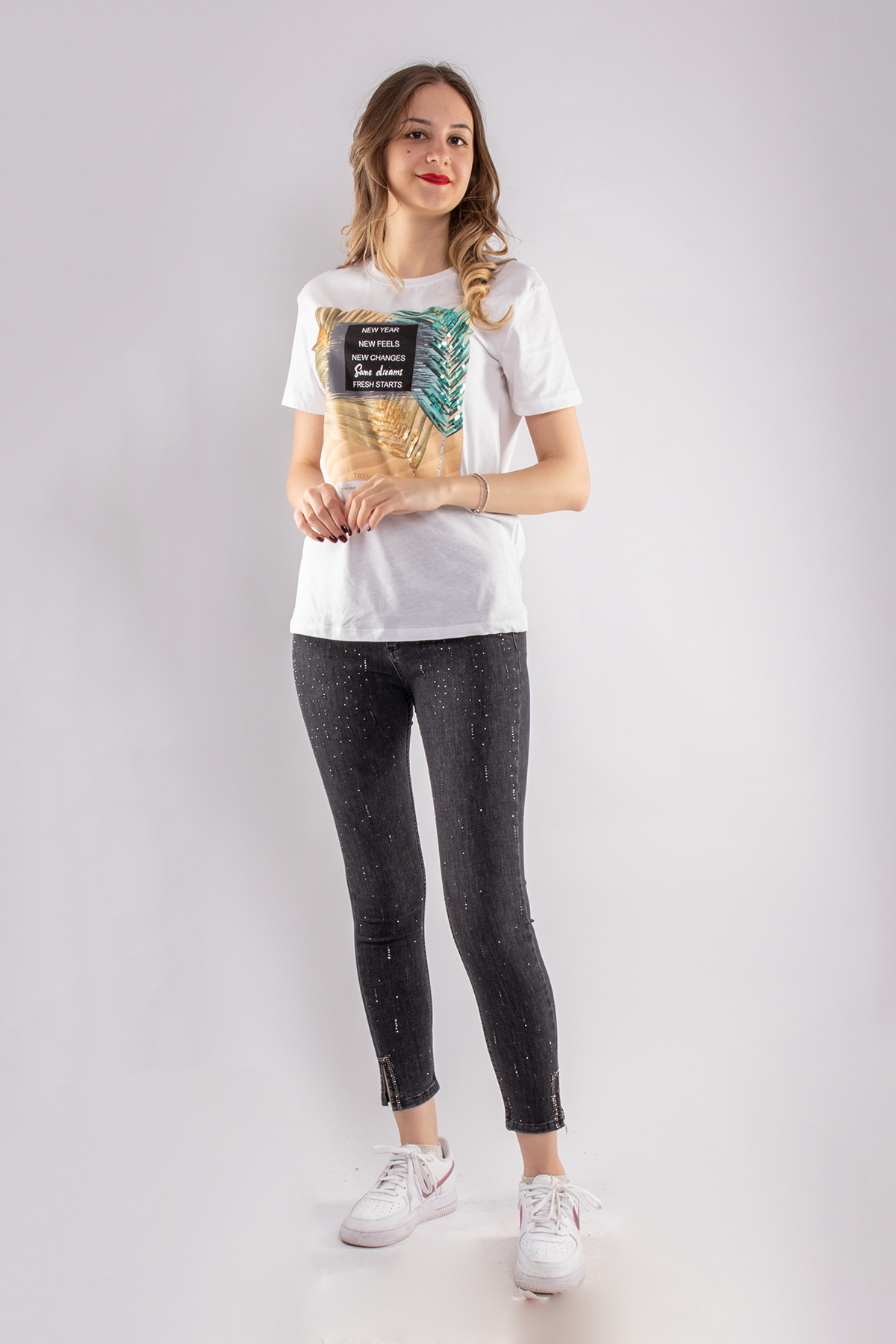 2609 Payetli Yaprak Desen Kadın Tshirt