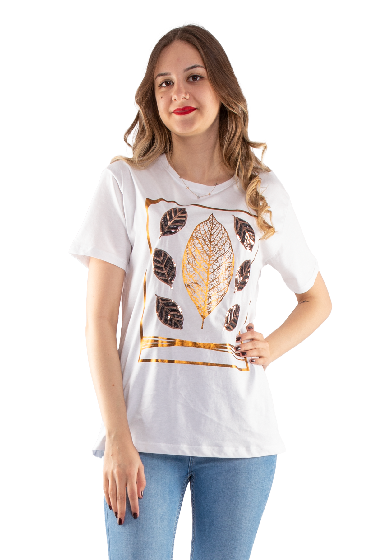 2652 Yaldızlı Yaprak Desen Payet Detay Kadın Tshirt
