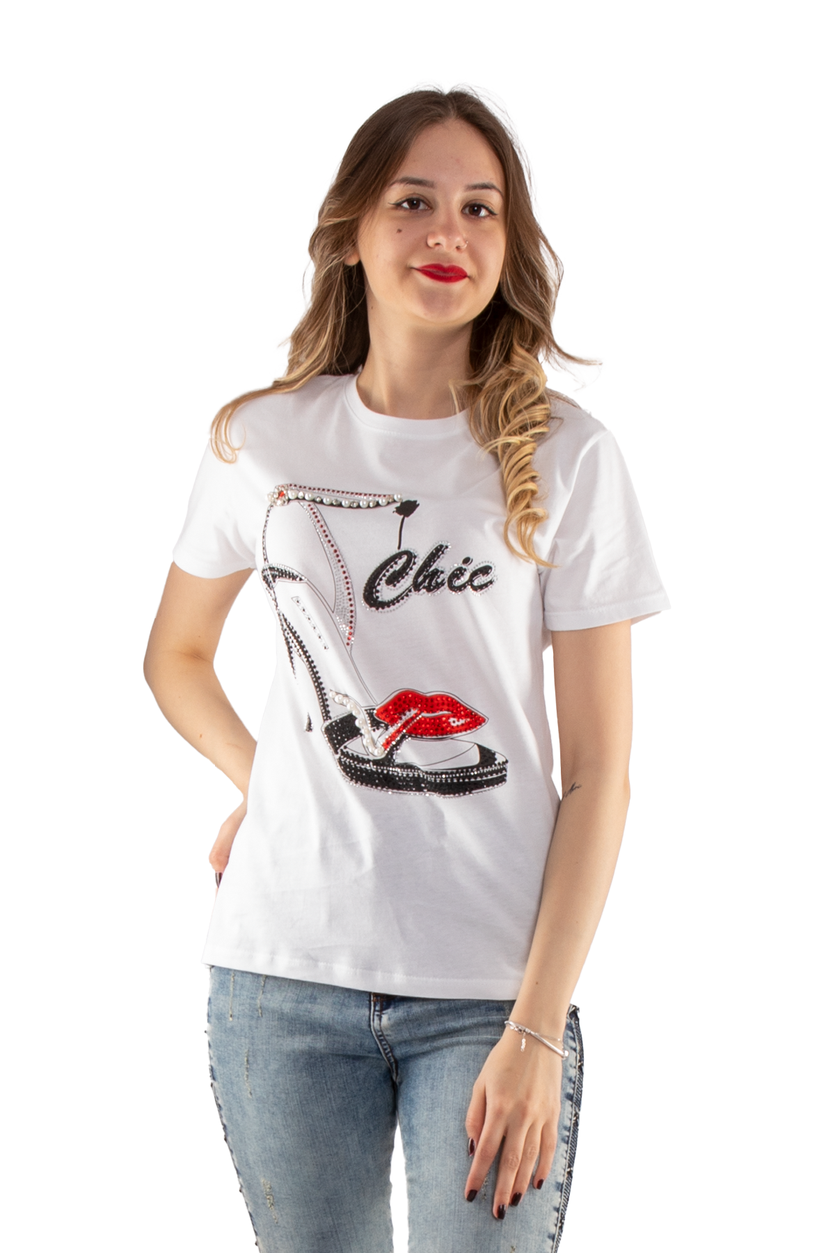 2733 Taşlı Ayakkabı Baskılı Kadın Tshirt