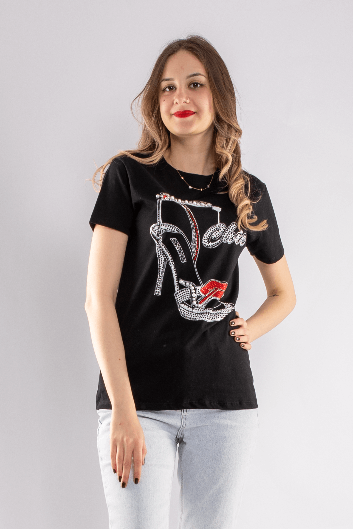 2733 Taşlı Ayakkabı Baskılı Kadın Tshirt