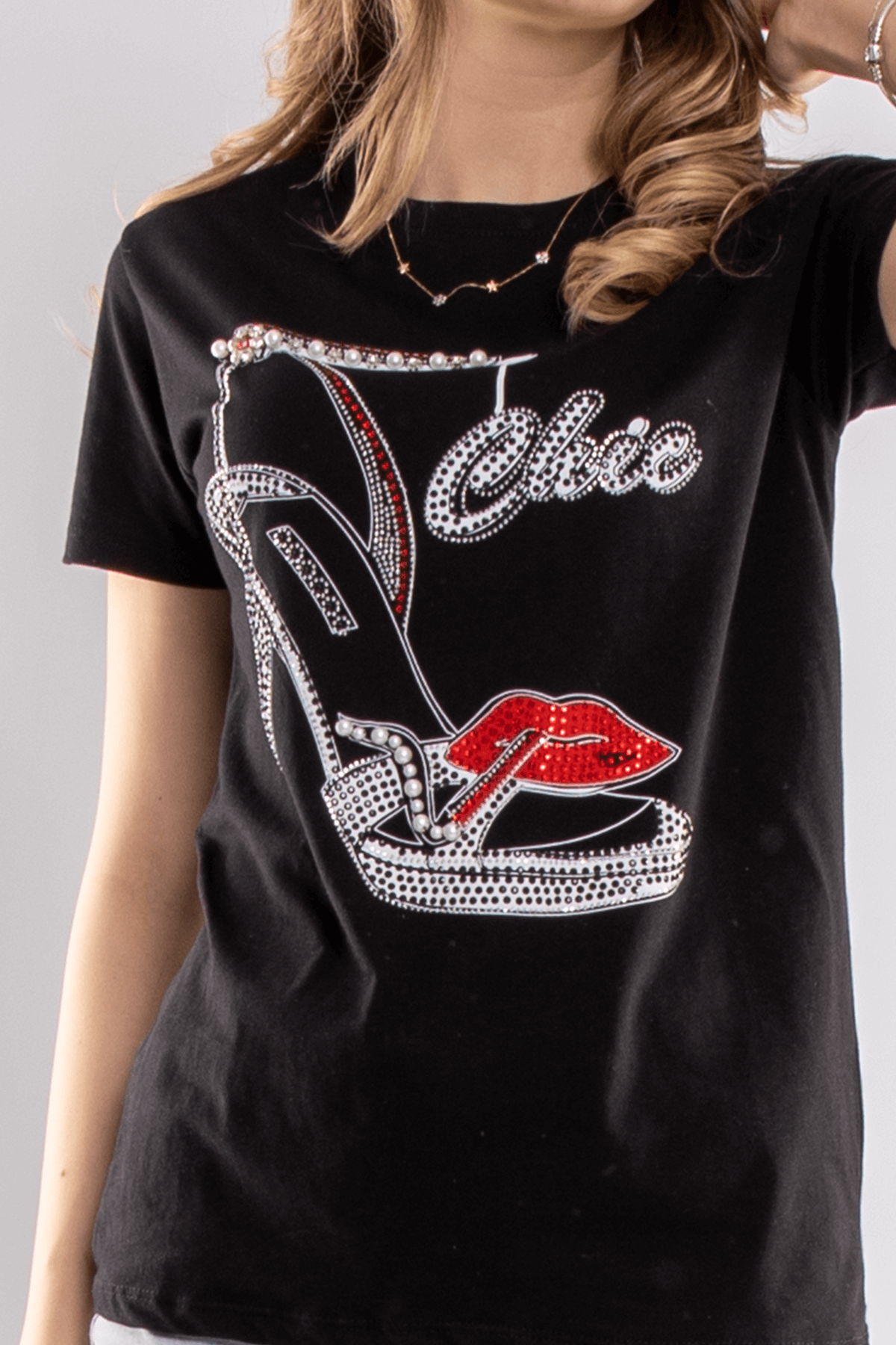 2733 Taşlı Ayakkabı Baskılı Kadın Tshirt