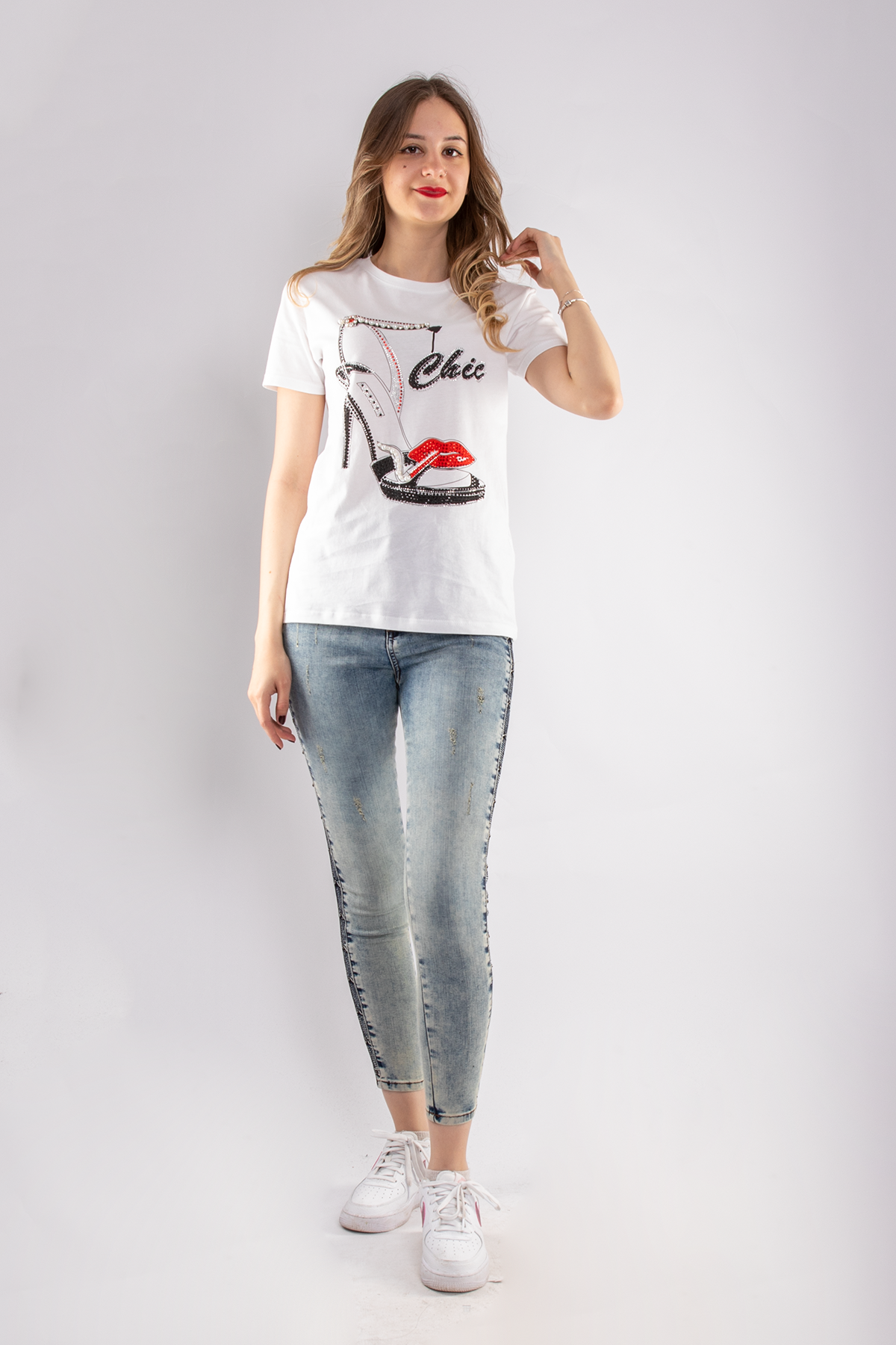 2733 Taşlı Ayakkabı Baskılı Kadın Tshirt