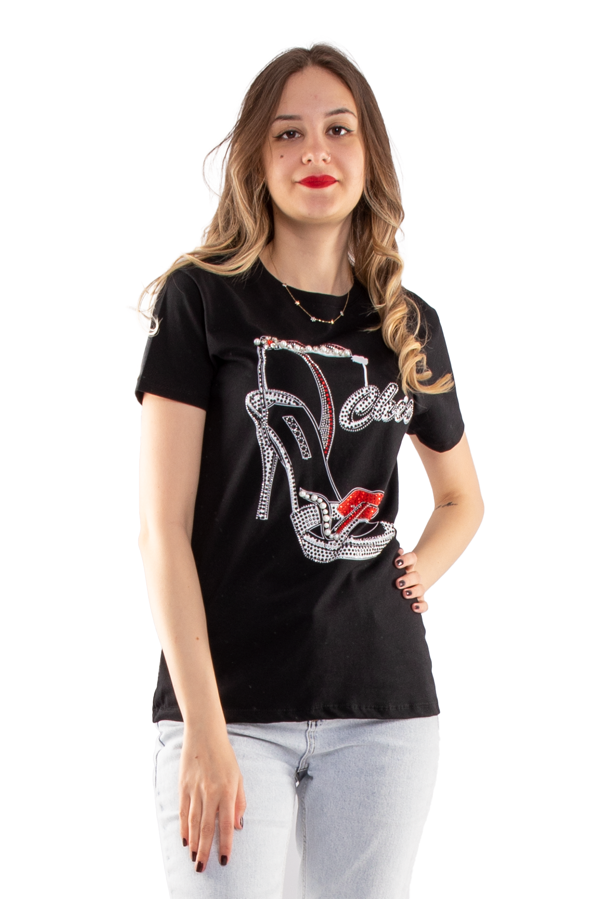 2733 Taşlı Ayakkabı Baskılı Kadın Tshirt