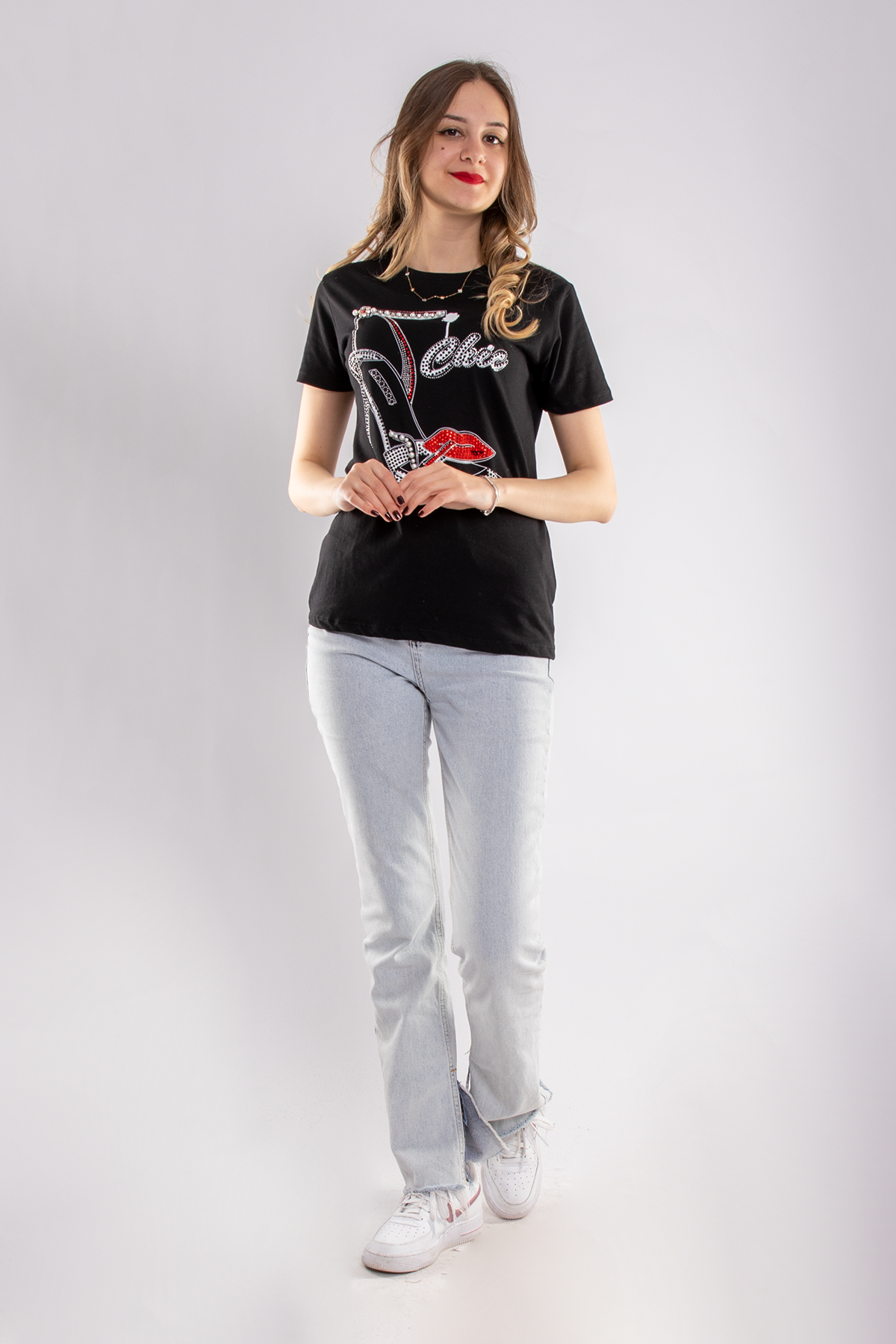 2733 Taşlı Ayakkabı Baskılı Kadın Tshirt