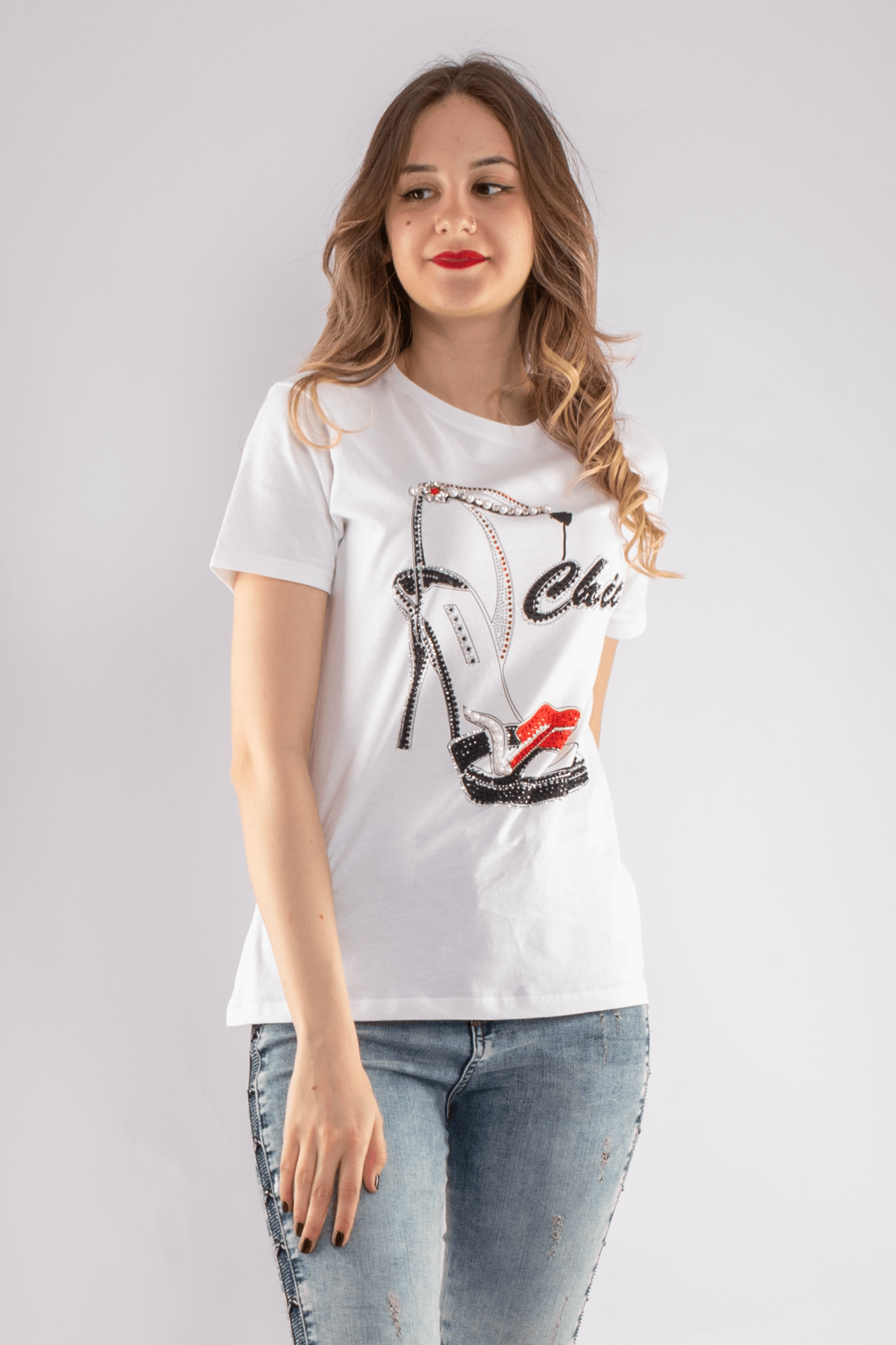 2733 Taşlı Ayakkabı Baskılı Kadın Tshirt