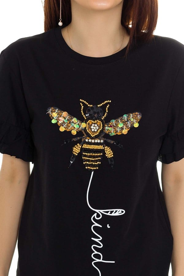 3060 Arı Baskılı Boncuklu Tshirt