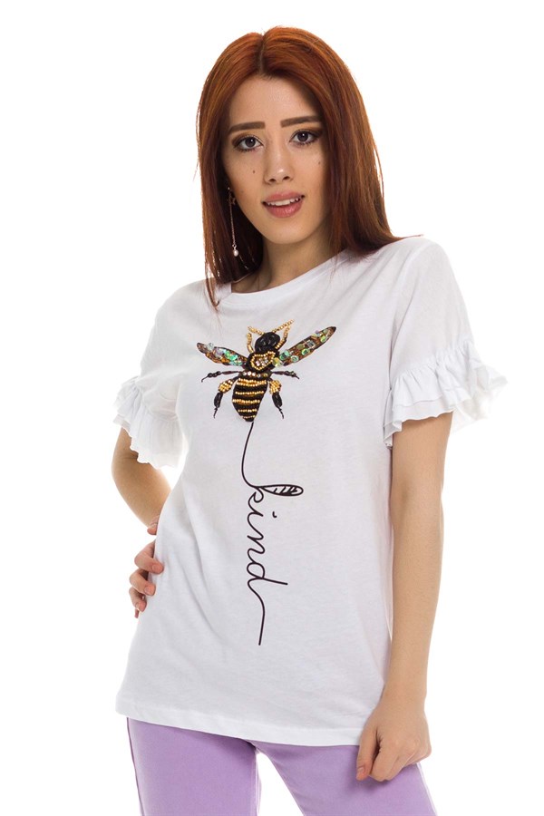 3060 Arı Baskılı Boncuklu Tshirt