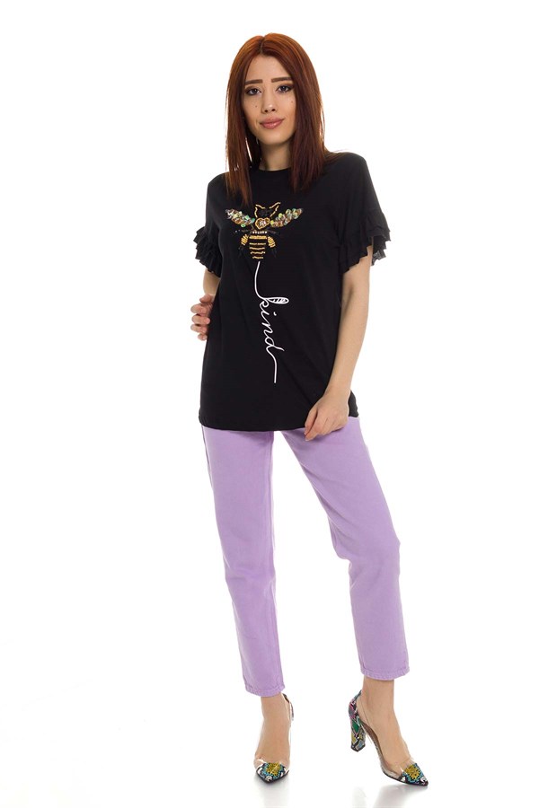 3060 Arı Baskılı Boncuklu Tshirt