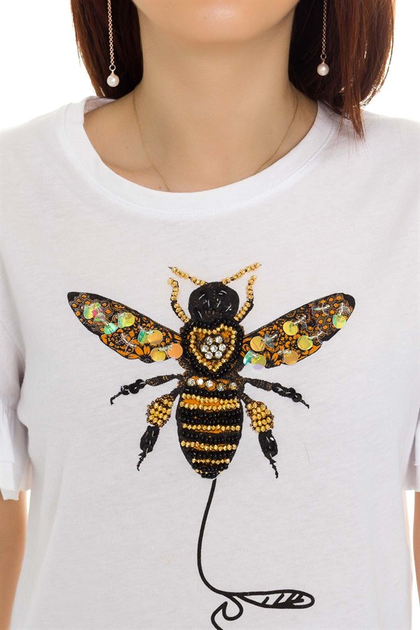 3060 Arı Baskılı Boncuklu Tshirt