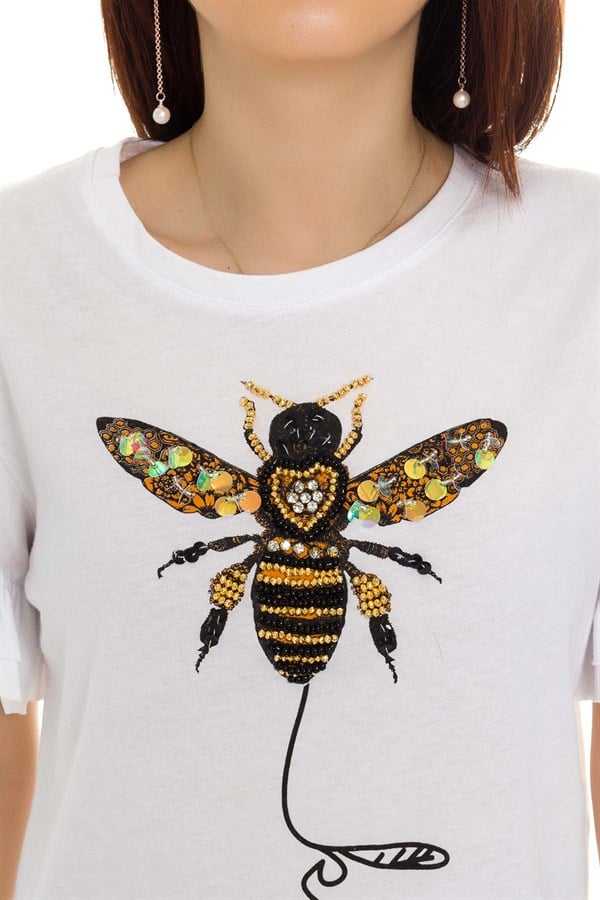 3060 Arı Baskılı Boncuklu Tshirt